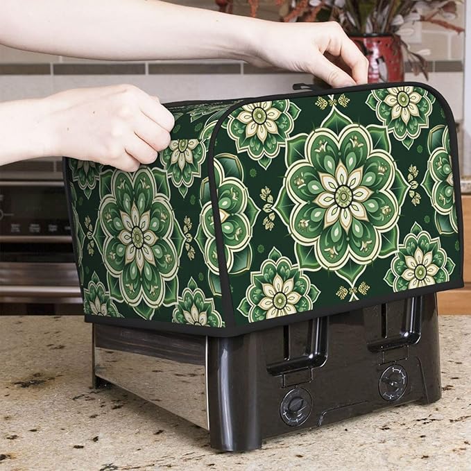 Green Mandala Ethnic Covers for Toasters 4 Slice,Cute Funny Bread Machine Cover with Handle,Washable Stain Resistant Kitchen Small Appliance Cover Dining Decor