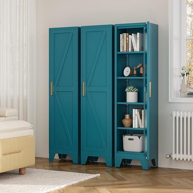 67" Tall Narrow Bathroom Metal Storage Cabinet with 4 Adjustable Shelves, Freestanding 5 Tier Slim Pantry Storage Cabinet for Small Space, Peacock