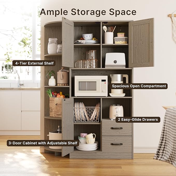 Gizoon 60.4" Pantry Cabinet with Coffee Bar, Tall Kitchen Pantry Storage Cabinet with Microwave Stand and 2 Drawers, Farmhouse Hutch with 4 Open Tiers for Dining Room and Kitchen Organization, Grey