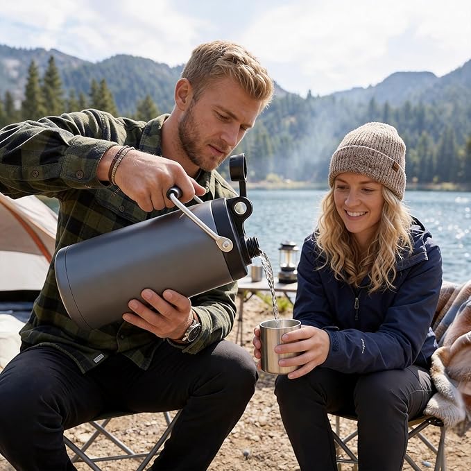 Kerilyn Insulated Hlalf Gallon Jug with Handle, 64oz Stainless Steel, Large Double Vacuum Water Bottle for Hot & Cold Drinks, Wide Mouth, Sweat Proof, Great for Travel, Camping, Grey