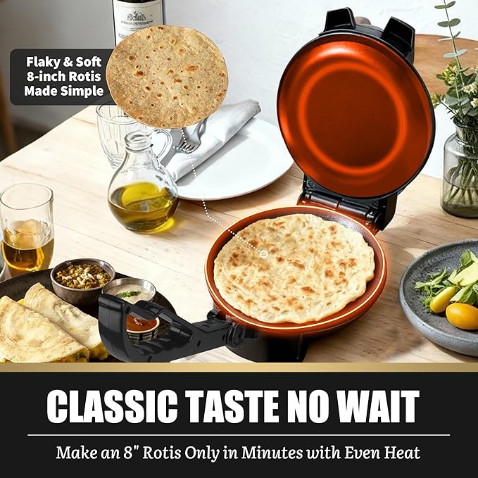 FineMade Compact Roti Maker, 8'' Electric Tortilla Maker Machine, Maquina Para Hacer Tortillas, Crepe Maker,Electric Tortilla Press, Prensa Para Tortillas, Recipe Included, Black