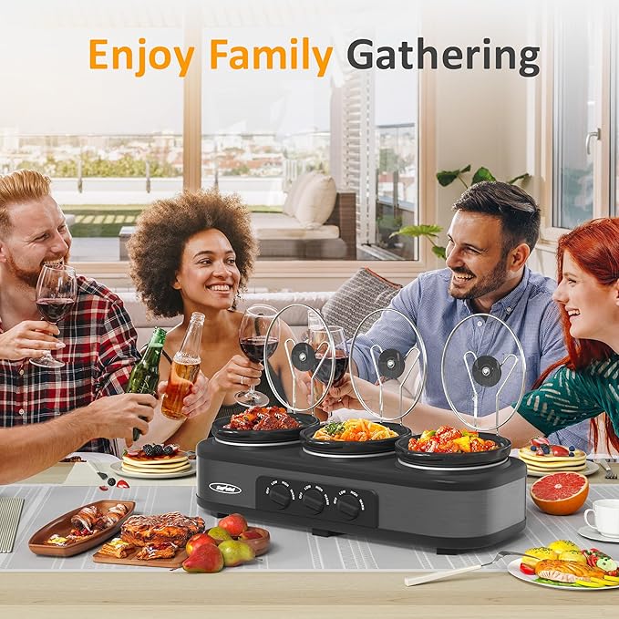 Sunvivi Slow Cooker with 10 Cooking Liners, Triple Slow Cooker Buffet Server 3 Pot Food Warmer for Parties with 3 Spoons ? Lid Rests,Adjustable Temp, 3 * 1.5 Quarts