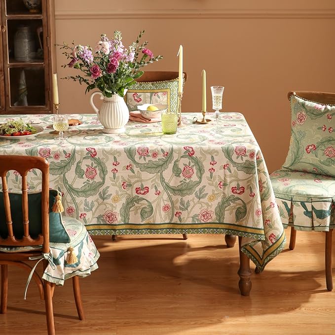 patdrea Designer Green Small Tablecloth for Rectangle Table,Vintage Linen Leaves Pattern Breathable Table Cloth,Floral Decor Cover for Kitchen Dining Christmas,Thanksgiving,55"x71"-Cecilia a