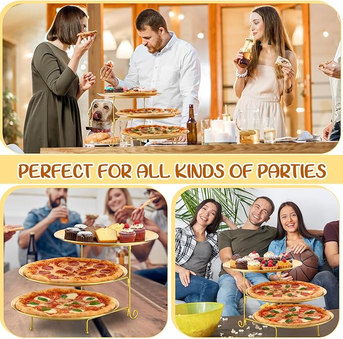 Domensi 7 Pcs Pizza Pan Riser Stands Sets Includes Tiered Tray Stand Stainless Steel Pizza Pan and Wood Handle Knife for Tables Party Restaurant (Gold)