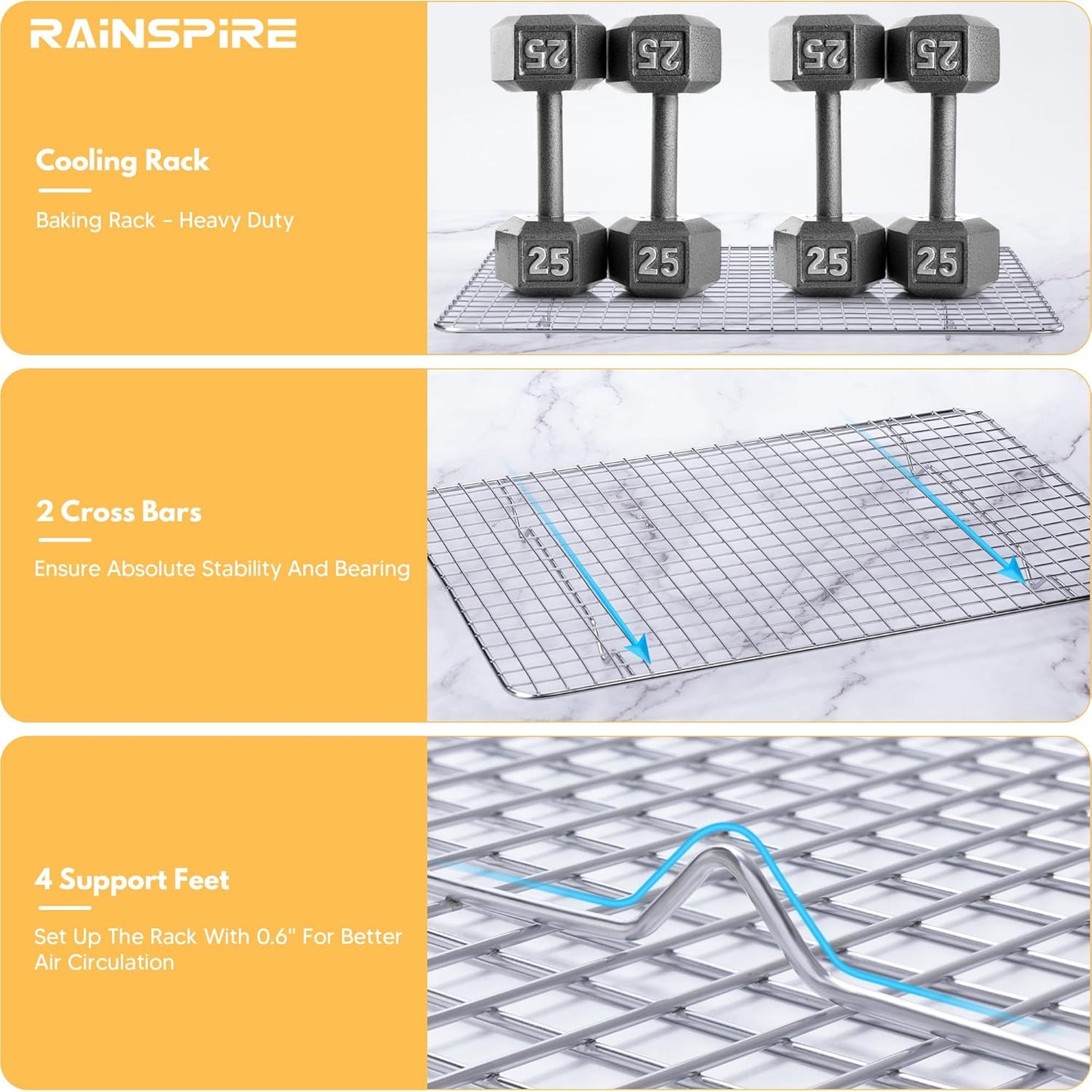 Rainspire 2-Pack Cooling Rack 10" x 15" Stainless Steel Heavy Duty Cooling Racks for Cooking and Baking Oven Safe Wire Rack for Cooking Baking Rack for Oven Cooking Fits Jelly Roll Pan