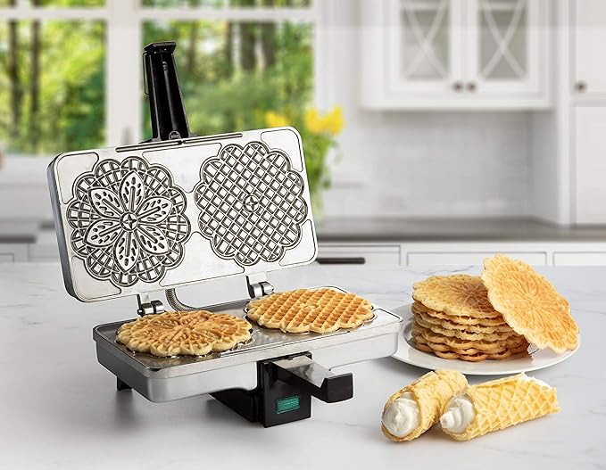 Pizzelle Maker- Polished Electric Baker Press Makes Two 5-Inch Cookies at Once, Even Heating Plates- Must Have Party Baking Supplies - Italian Dessert Treat Making w Recipe - Mothers Day Gift for Her