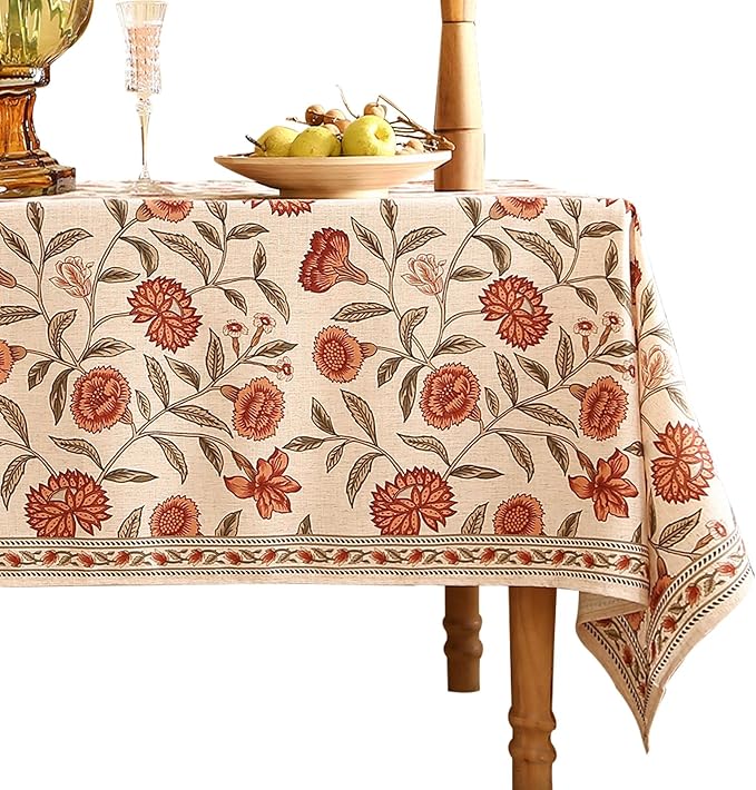 ISAENNE Designer French Long Tablecloth Rectangle,Linen Orange Floral Pattern Indoor Table Cloth,Wrinkle Resistant Decor Table Cloth for Dining Thanksgiving Kitchen Party,63"*102"-Alvarado D