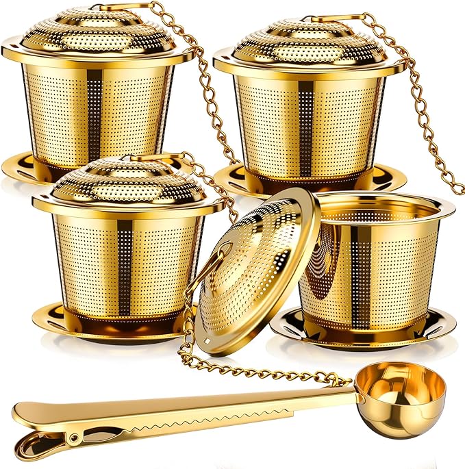 Umigy 4 Pcs Tea Infuser Strainers for Loose Tea with Scoop, Extra Fine Mesh Steeper 304 Stainless Steel Diffuser Leaf Holder with Extended Chain Hook for Brew, Spices, Seasoning, Gold