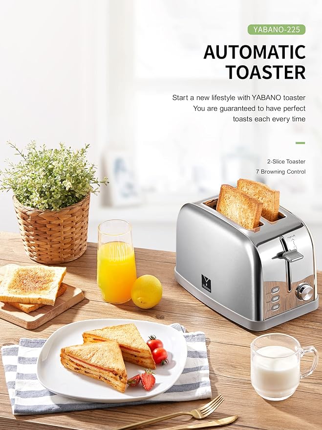 Yabano Retro Bagel Toaster - 2 Slice, 2 Extra Wide Slots, 7 Shade Settings, Defrost/Bagel/Cancel, Removable Crumb Tray, Stainless Steel, Silver
