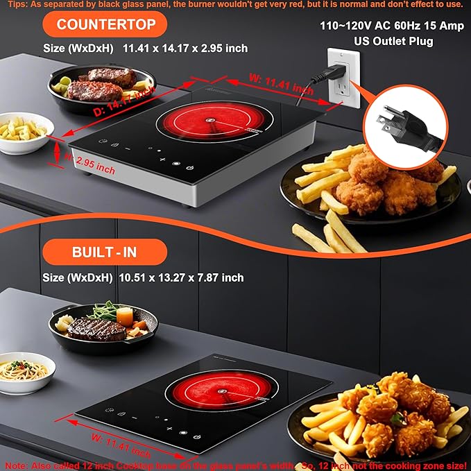 Dual Coils Design of Single Burner Electric Cooktop, 1800W Infrared Ceramic Hot Plate for Cooking, Portable Countertop or Built-in Radiant Stove Top Cooker, Compatible with All Cookware