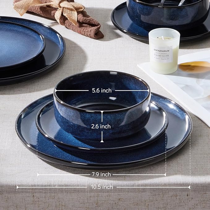 E-far Dinnerware Sets for 8, 24-Piece Stoneware Plates and Bowls Set, Ceramic Dishes Reactive Glaze Dinning Ware, Microwave & Dishwasher Safe - Deep Sea Blue