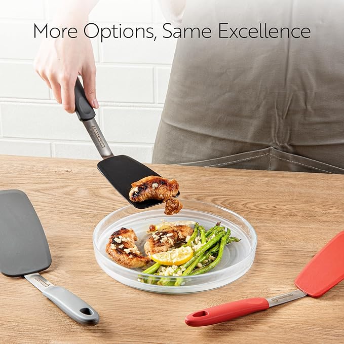 Comfy Grip 13.3 x 4 Inch Silicone Turner, 1 Durable Cooking Turner - Stainless Steel Body, Rubber Handle with Hole, Black Silicone Flipper Spatula, Tolerates up to 446F, Dishwashable - Restaurantware