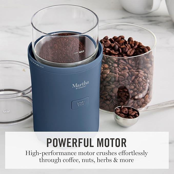 Martha Stewart Electric Coffee & Spice Grinder, Dual 2.5oz Removable Bowls, Storage Lids, Stainless Steel Blades, One Touch Pulse Control, 2-in-1 Compact, Beans & Spices, Herbs & Nuts, Indigo Blue