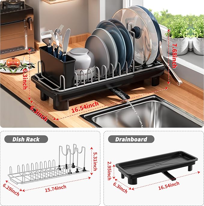 SanDream Small Dish Drying Rack with Removable Utensil Holder & Anti-Scratch Base - Stainless Steel Dish Rack, Dish Drying Rack with Drainage & Space Saving Design for Kitchen Counter, Black