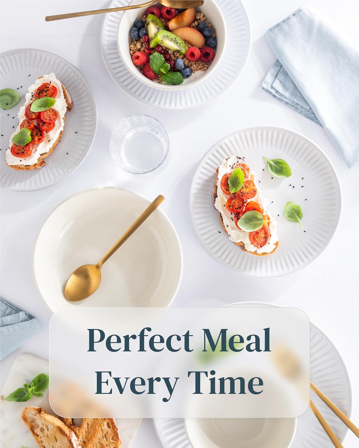 Stoneware Dinnerware Set for 4 People HYGGE 12-Piece - Elegant Scandi Design - Premium Dish Set - Bowl and Plate Set - Tableware for 4 People in a Ribbed Design - Pure Living in White
