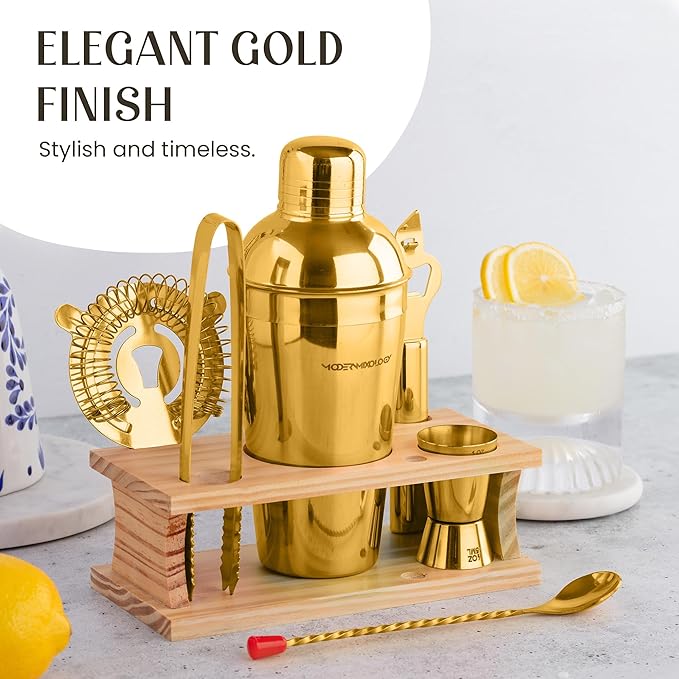 Modern Mixology Cocktail Shaker Set - Bartender Kit with Pine Stand | Leak-Proof Design | Includes Martini Shaker, Jigger, Strainer, Spoon, Tongs | Perfect Bar Tools Gift for Home Mixology (Gold)