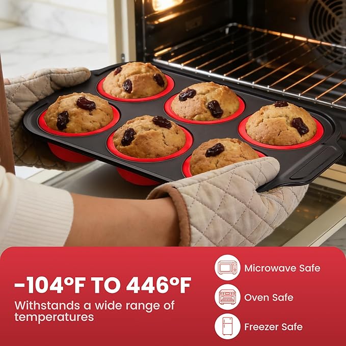 Silicone Muffin Pan for Baking with Metal Reinforced Frame - 6 Cups Regular Size Cupcake Pan Muffin Tins Egg Bite Molds - Nonstick, Easy to Pop, Bakeware for Oven, BPA Free (6-Cups Red)