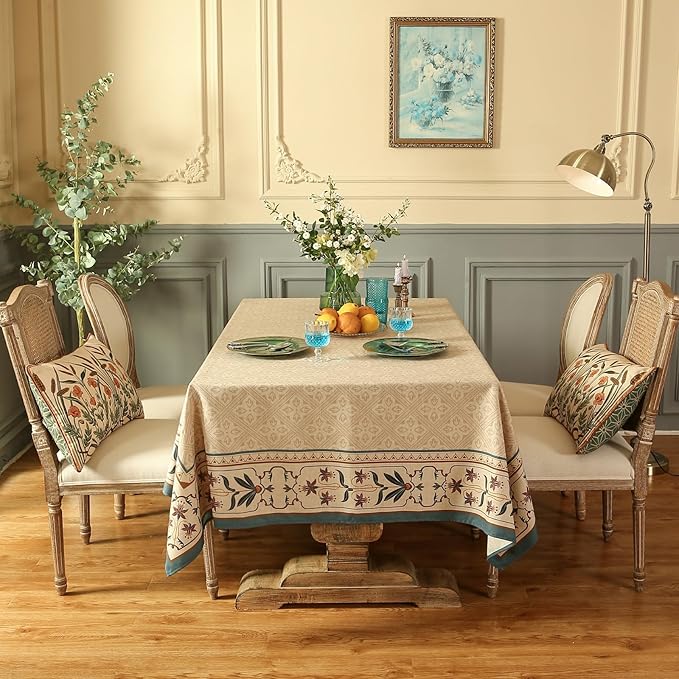patdrea Designer French Linen Extra Long Tablecloth for Rectangle Table,Beige Anti-Wrinkle Floral Farmhouse Table Cloth,Decor Covers for Kitchen Dining,Party,Christmas,Thanksgiving,67"x118"-Fram