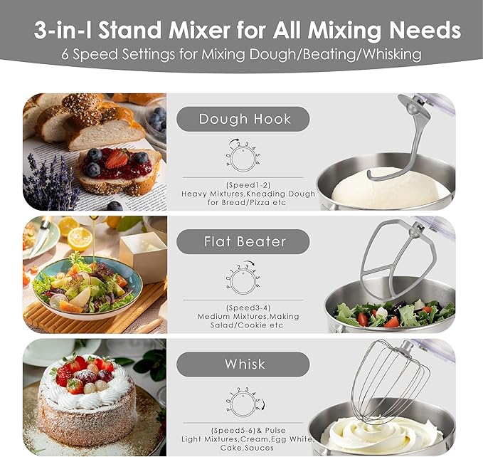 Kitchen in the box Stand Mixer - 6.5 Quart Mixing Bowl with Handle, 900 Watt Heavy Bread Dough Standing Mixers Tilt-head with Dough Hook, Whisk, Flat Beater and Splash Guard (Cream)