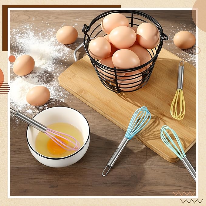 Baderke 12 Pcs 6 Inch Mini Whisks Bulk with Stainless Steel Handles Small Silicone Kitchen Whisks Non Stick Tiny Balloon Wire Whisk for Mixing Stirring Baking Cooking Party Favor Gift(Macaron)