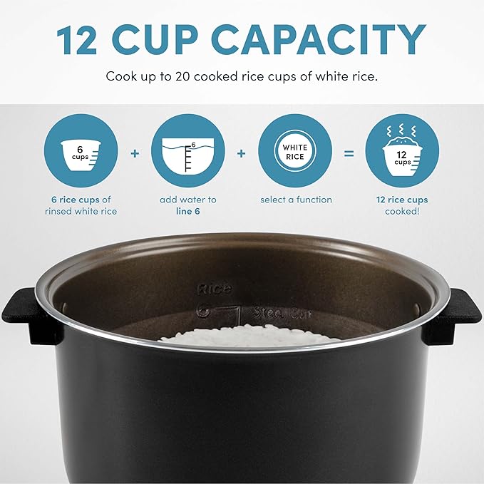 AROMA® 6-Cup (Uncooked)/ 12-Cup (Cooked) Slow Cook Rice Cooker and Brown Rice Cooker with Lift-Out Pot Handles and Silicone Storage Lid, PFAS-Free Ceramic Coating