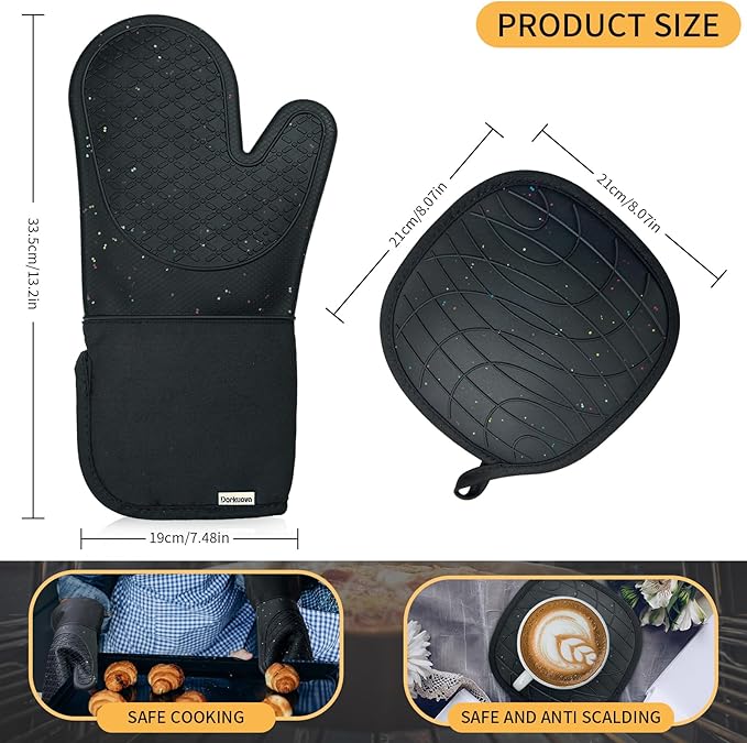 Oven Glove Cute,Cooking Mittens,Oven Mittens for Kitchen,Oven Gloves for Kitchen,Washable Silicone Oven Mitts Heat Resistant 500°F, Potholders for Kitchens Cooking Baking(Black