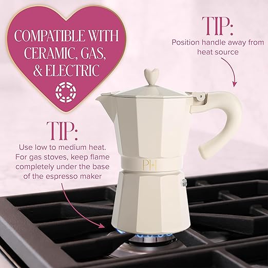 Paris Hilton Stovetop Espresso and Coffee Maker, Italian & Cuban Style Coffee Pot with Iconic Heart Knob, Perfect for Rich Aromatic Espresso, Makes up to 6 Espresso Cups, Cream