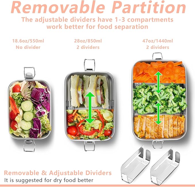 TeamFar Stainless Steel Bento Box, 4 Pack (16 * 2, 28 & 47oz) Metal Lunch Box with 3 Compartments for Adults Kids, Lunch Food Containers for School/Work/Meal Prep, Leak-Proof, 550ML*2+850ml+1400ML