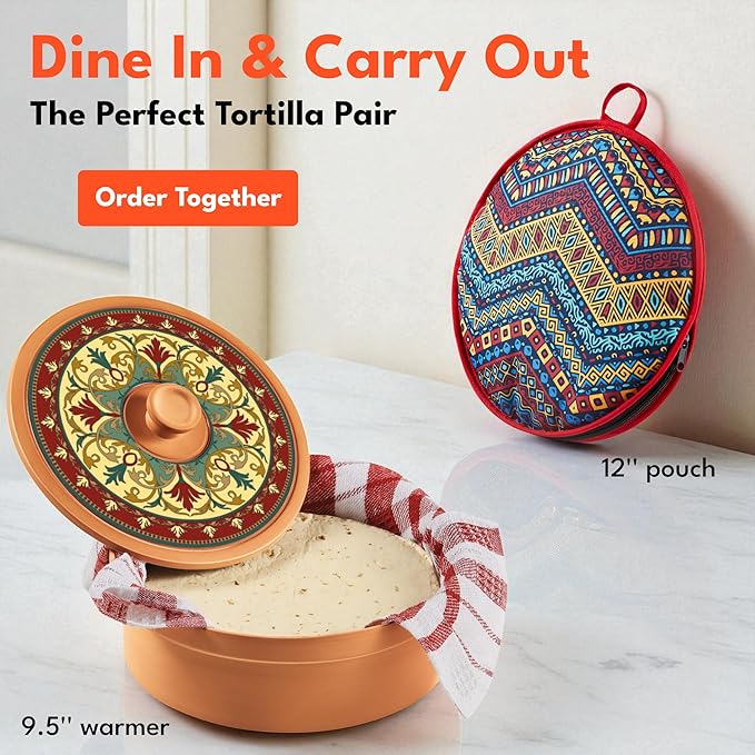 Authentic Terracotta Tortilla Warmer w Decorative Lid, Mexican Terra Cotta Tortilla Holder w Warmer Cloth, Traditional Clay Tortillas Keeper Heater & Tortillero, Arabesque