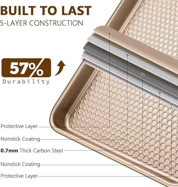Wildone Baking Sheet Pan Set, Honeycomb Embossed Nonstick Baking Sheet 15x10 In, Thicker Carbon Steel Cookie Sheet, Even Heating Jelly Roll Pan, Champagne Gold, 2 Pack