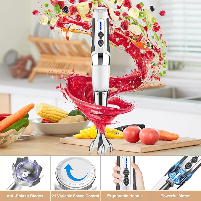 Toogel Cordless Immersion Blender, Electric Hand Blender with 21-Speed & 3-Angle Adjust, USB Rechargeable, BPA-Free & Dishwasher Safe for Baby Food, Smoothies, Soup (White)