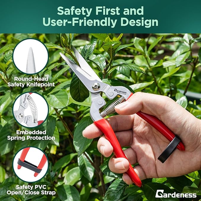 Gardeness 12PCS Pruning Shear Straight Pruning Snip with Stainless Steel Serrated Blade, Adjustable Joint Screw Micro Tip Garden Scissor for Arranging, Trimming, Harvesting Fruit, Vegetables