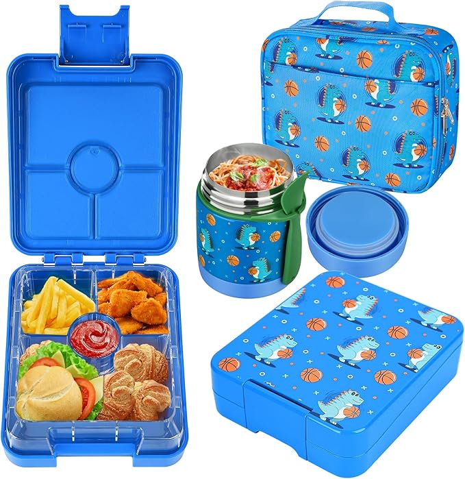 Bento Lunch Box Set for Kids with 10oz Soup Thermo, Leak-Proof Lunch Containers with 4 Compartment, Kids Thermo Hot Food Jar and Insulated Lunch Bag for Kid to School,BPA-Free(Basketball)