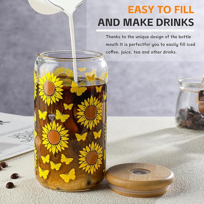 DWTS DANWEITESI Glass Cups with Lids and Straws with Design Sunflower 4 pcs,Clear Glass Cups 16 oz-Drinking Glasses Set,Glass Tumbler,Cute Design Glass Iced Coffee Cups with Lids and Straws