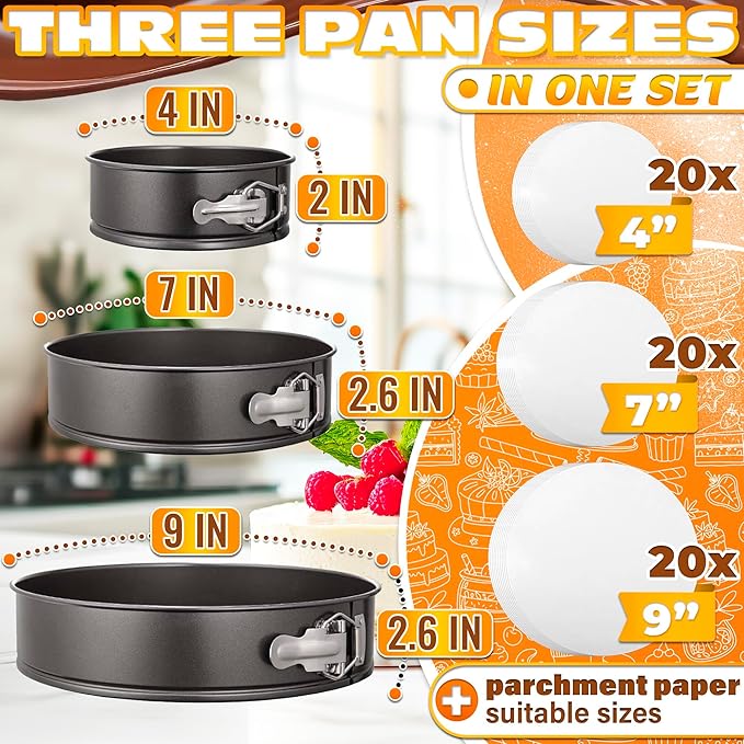 Spring Form Pan for Cheesecake - Leak Resistant Springform Pan Set, Easy-Open Latch, Removable Bottom, Clean Release, Nonstick Round Cake Pans Set, 60 Parchment Liners, Great as Kitchen Gifts for Mom