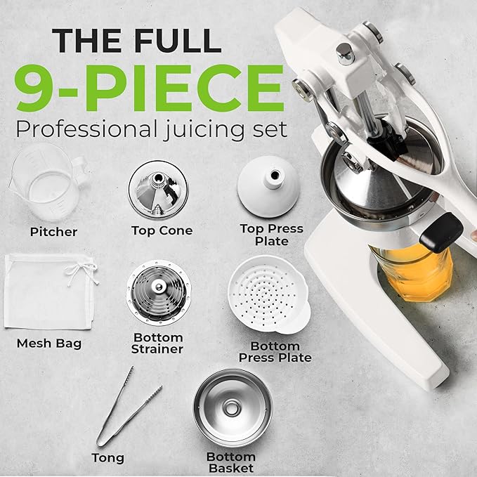Zulay Kitchen Pulperizer 9 in 1 Cast Iron Juicer - Easy-to-Clean Heavy-Duty Manual Juicer with Presser Attachment to Juice All Types of Fruits! Extra Tall with Stainless Steel Bowl - White