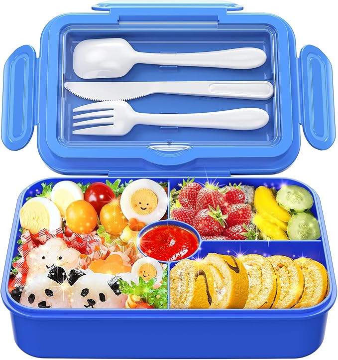 DaCool Bento Lunch Box for Kids - 7.5 Cups Leakproof Large Bento-Style with 4 Compartments Portions Lunchbox with Tableware Back to School, Reusable On-the-Go Meal and Snack Packing, Blue