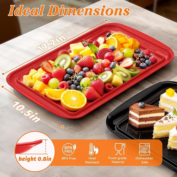 Serving Trays for Party - Set of 6, Large Serving Platters for Raw and Cooked Food, Dishwasher Safe, 17×10.5-inch Stackable Plastic Party Supplies for Grilling, BBQ, Meal Prep (Red, Black)