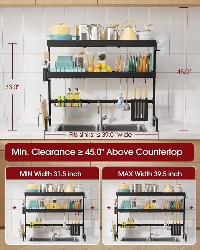 Sakugi Over The Sink Dish Drying Rack, Expandable 3-Tier Stainless Steel Kitchen Storage Organization Accessories for Countertop, Rustproof & Space-Saving, 31.5"–39.5" L x 12" W x 33" H, Black