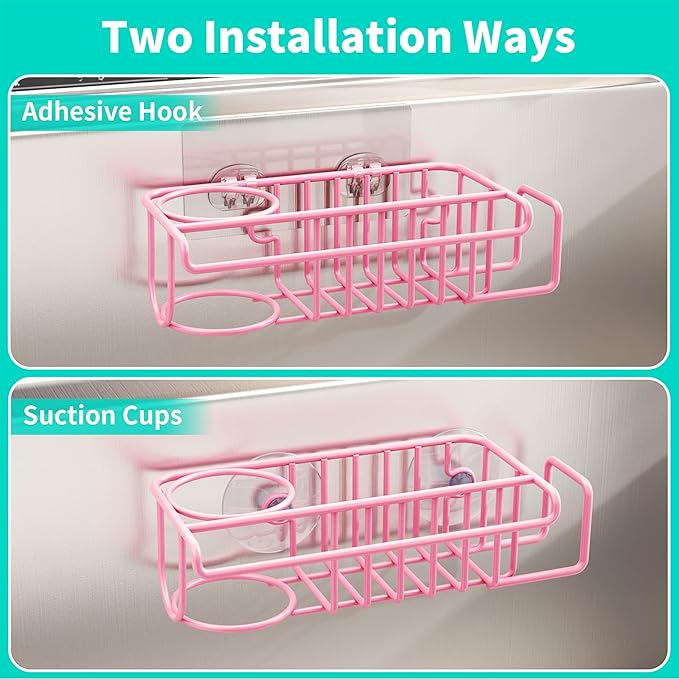 HapiRm Sink Caddy Sponge Holder - No Drill Sponge Holder for Kitchen Sink, Rustproof and Waterproof Kitchen Organizer - Pink