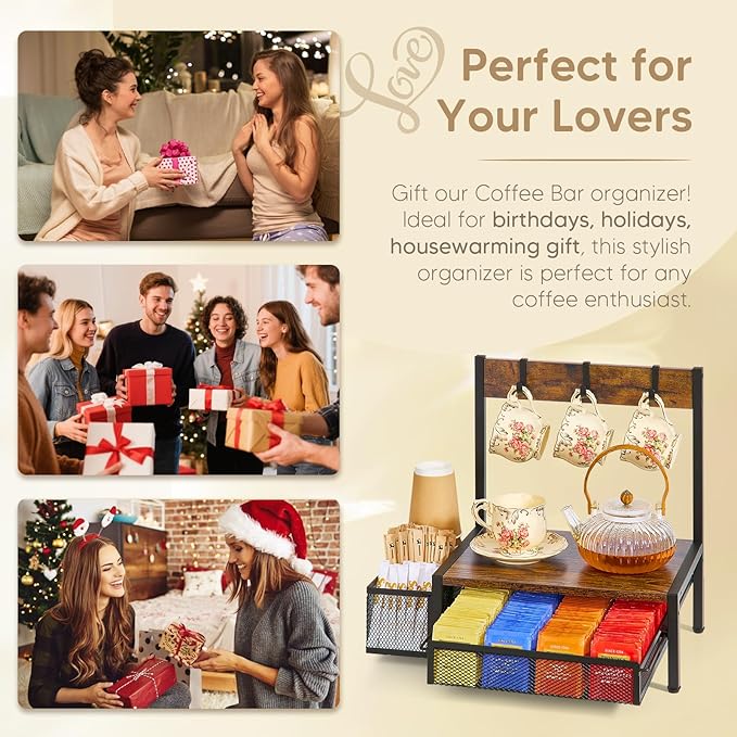 DGWJSU Tea Bag Organizer, Wood Tea Organizer and Storage Cheast, Tea Bag Holder with Storage Drawer, 4 Hooks for Tea Cups Holder, Tea Station Chest Display Container Box for Countertop Kitchen
