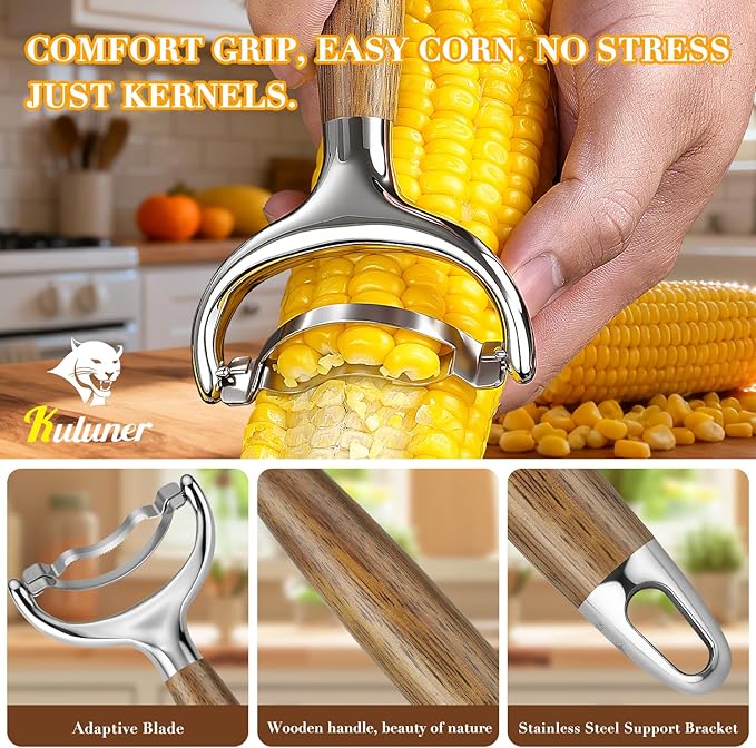 KULUNER Durable Stainless Steel Corn Peeler with Polished Wood Handle Corn on the Cob Stripper Kernel Remover Easy Use Corn Kernel Cutter Kitchen Gadget（Merbau）