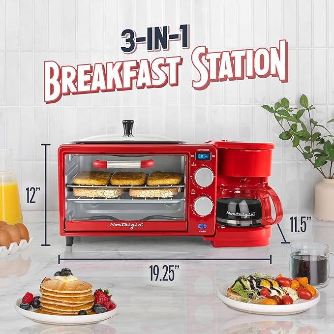 Nostalgia 3-in-1 Retro Breakfast Station - Includes 5 Cup Coffee Maker, Non-Stick Ceramic Griddle, and 4-Slice Toaster Oven - Built-In Timer, Reusable Coffee Filter, Space-Saving Design - Red