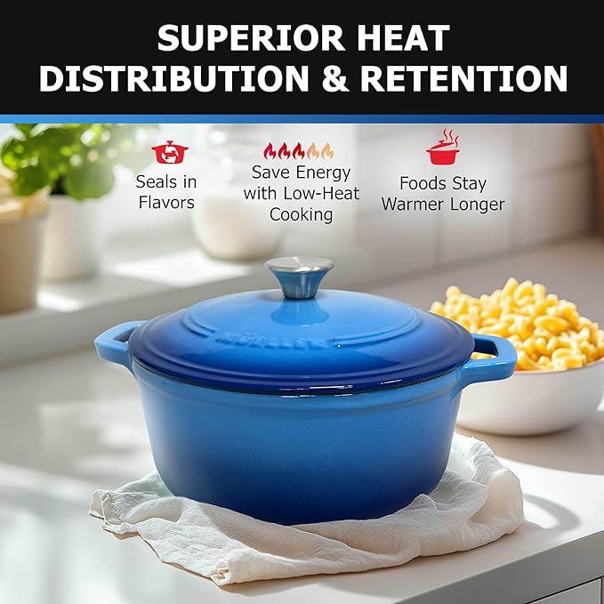 Mueller 6qt Enameled Cast Iron Dutch Oven, Heavy-Duty Casserole and Braiser Pan with Lid and Knob, Oven-Safe up to 500° F & Across All Cooktops, Aqua Blue