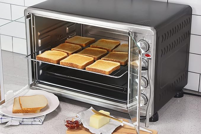 Elite Gourmet ETO4510MX French Door 47.5Qt, 18-Slice Convection Oven 4-Control Knobs, Bake Broil Toast Rotisserie Keep Warm, Includes 2 x 14" Pizza Racks, Stainless Steel