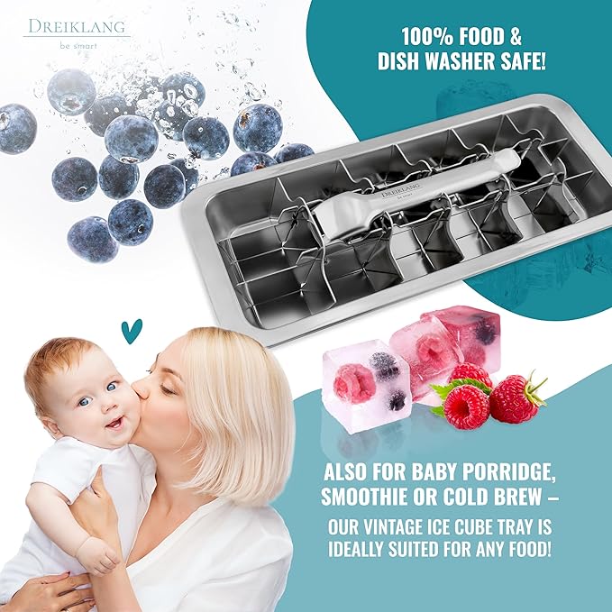 Stainless Steel Polished Set 2-Pack Ice Cube Tray for freezer Ice Cube Tray with Lever Insert for Easy Release | Food-Safe & Durable Ice Cube Maker | Plastic-Free Large