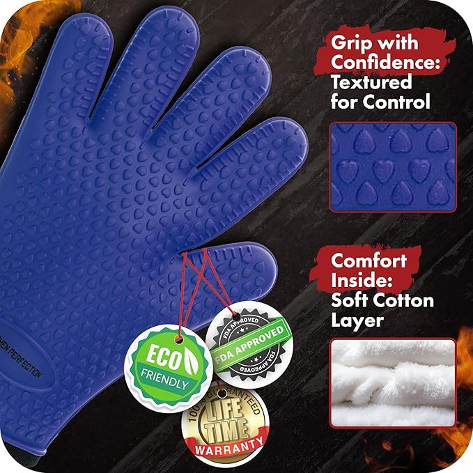 Kitchen perfection XL Silicone Smoker Oven Gloves-Extreme Heat Resistant BBQ Gloves-Handle Hot Food Right on Your Grill Fryer&Pit|Waterproof Grilling Cooking Baking Mitts|Superior Value Set+3 Bonuses
