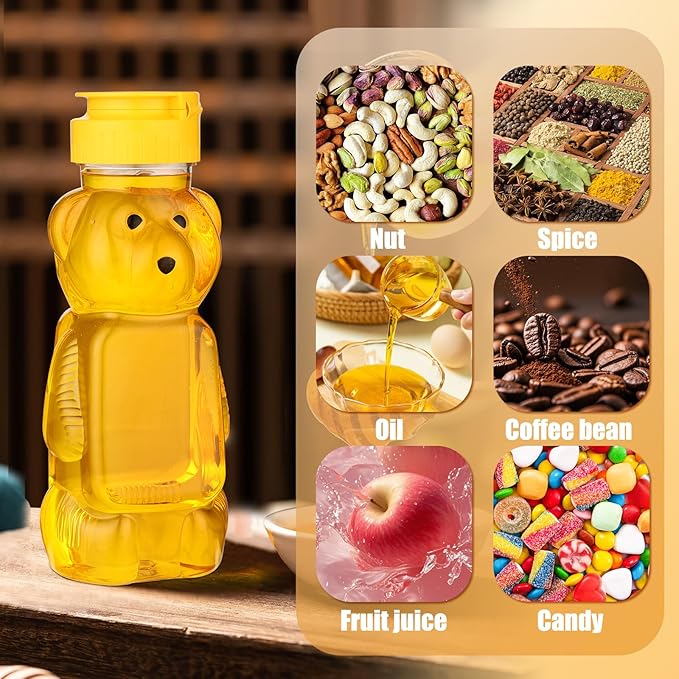 8oz Plastic Honey Bear Bottle Mini Honey Jars Party Favors Small Honey Bear Bottles with Lids Bear Shape Clear Empty Honey Jar with Screw Yellow Lid 50 Tags 2 Rolls Jute Rope (36-set)