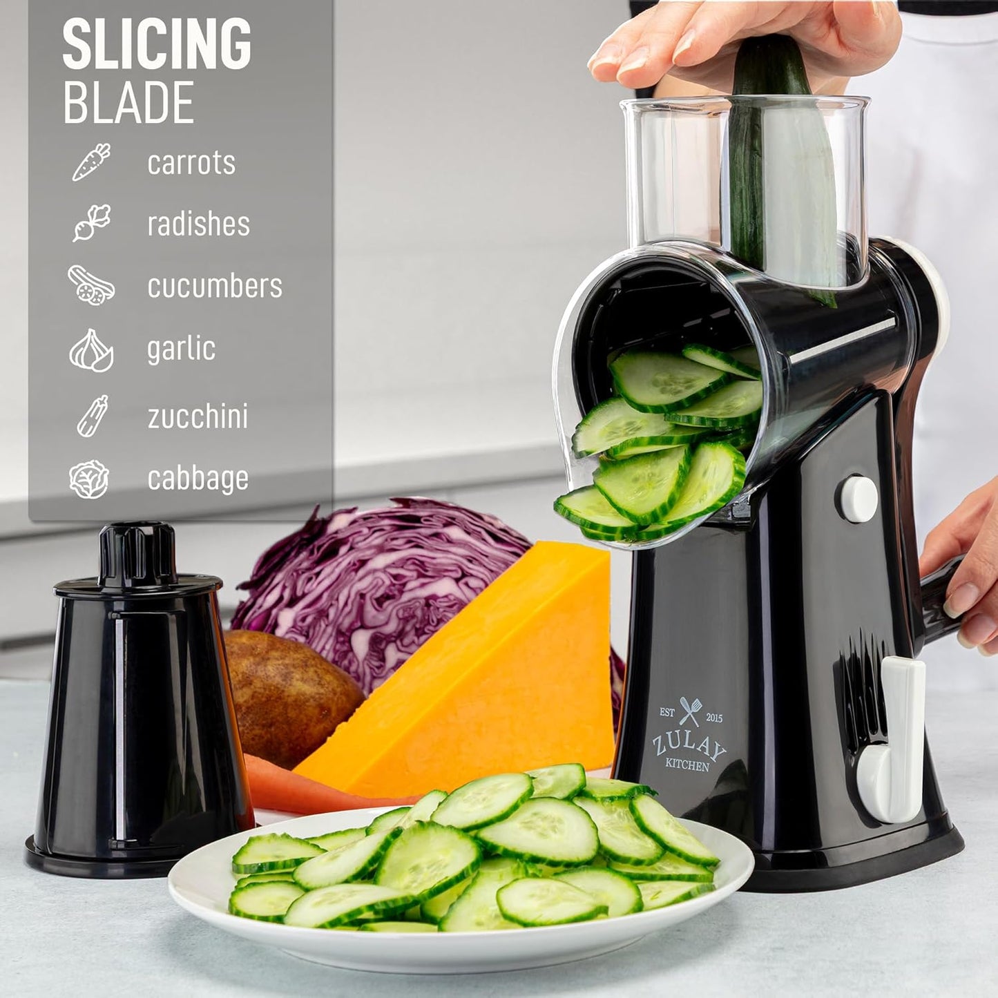Zulay Kitchen Rotary Cheese Grater 5 Blade Cheese Shredder - Manual Hand Crank Cheese Grater With Reinforced Suction & 5 Interchangeable Drums - Easy to Use, Vegetable Chopper Round Mandoline Slicer