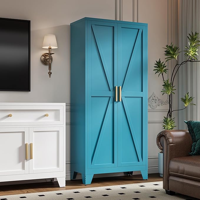71" Tall Metal Storage Cabinet with 2 Doors and 4 Adjustable Shelves, 5-Tier Kitchen Pantry Storage Cabinet for Kitchen, Living Room, Dining Room and Office, Blue